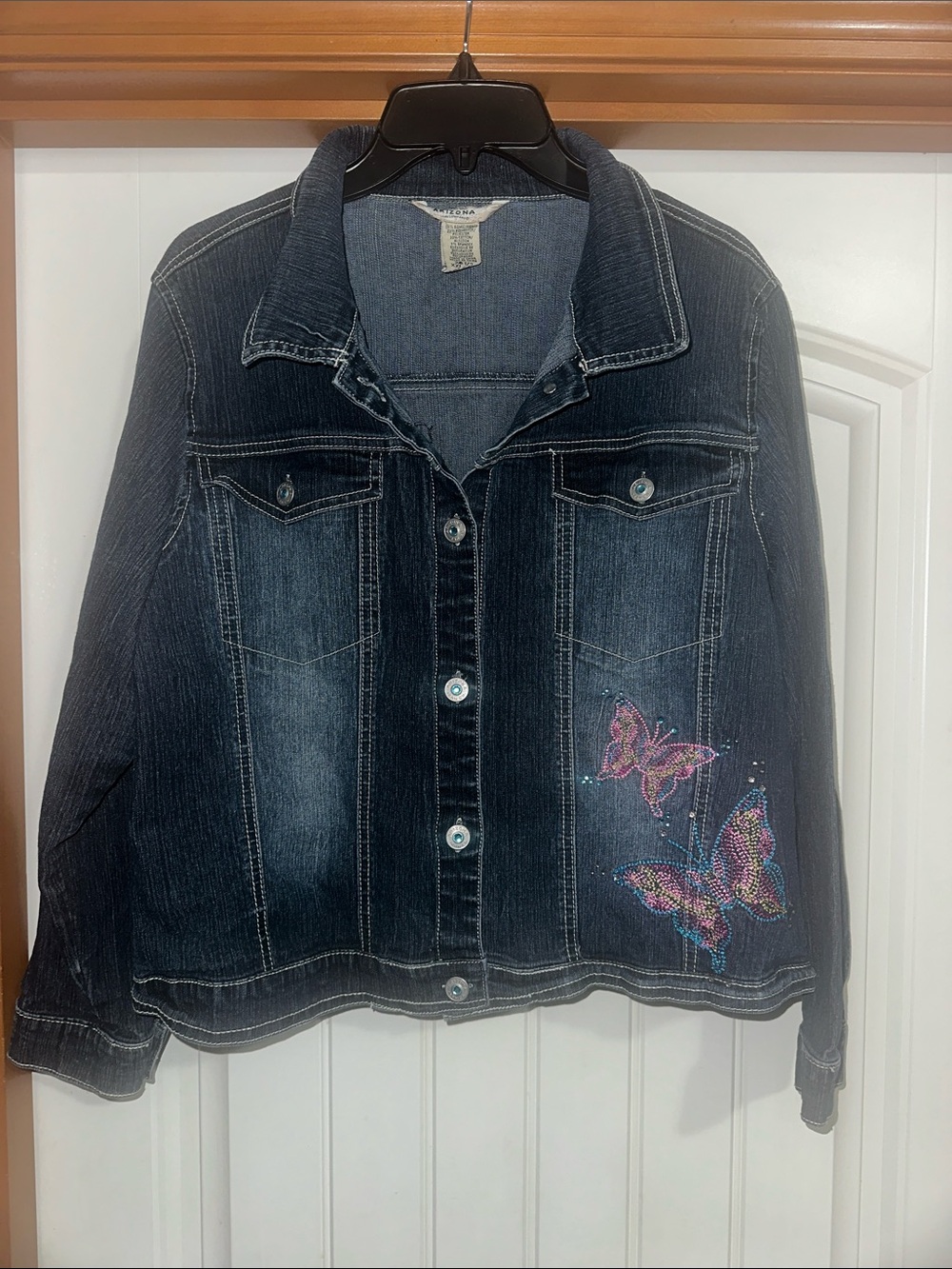 Arizona Jean Company Dark Blue Denim Jacket Embellished Butterflies size xxl